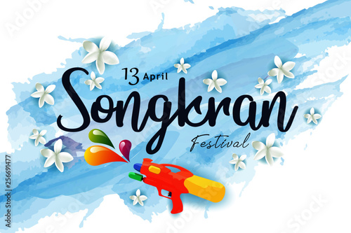 Photos Amazing songkran festival with water gun of Thailand on water background, Vector illustration