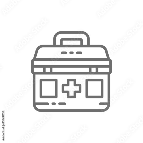 First aid kit, medical bag, medicine for donations, charity, volunteering line icon.