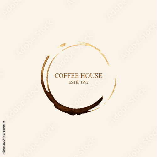 Watercolor logo for coffee house in form of coffee stains isolated on light beige background. Vector illustration EPS10.