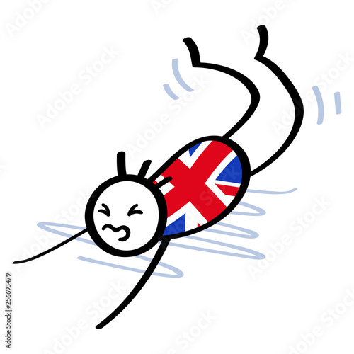 Strichmännchen mit Union Jack Shirt fällt auf die Nase