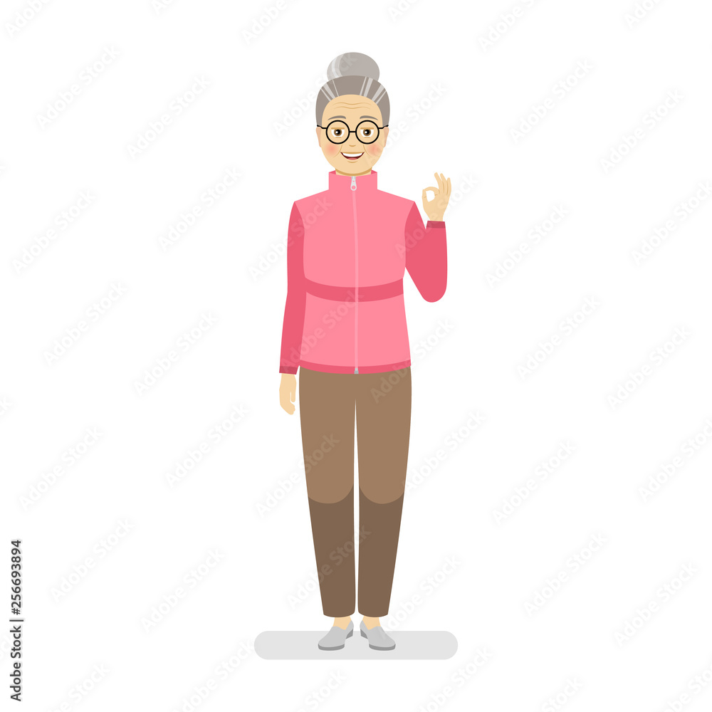 Happy grandmother in a sports pink sweater and brown pants shows a gesture perfectly. Hand gesture fine. Flat vector illustration.