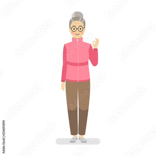 Happy grandmother in a sports pink sweater and brown pants shows a gesture perfectly. Hand gesture fine. Flat vector illustration.