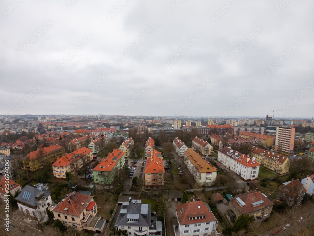 Aerial view of Building, streets and Park in City Center of Szczecin, Poland 