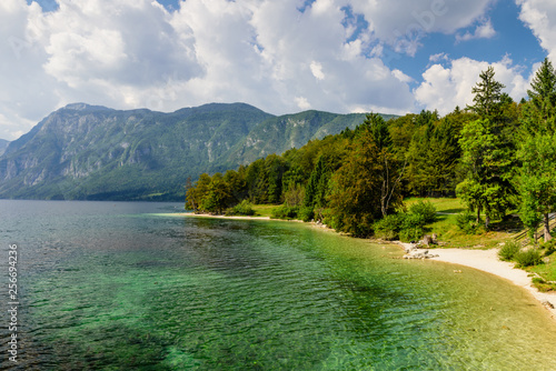 Beautiful Slovenian landscape. Bohinj Lake with turquoise water. Triglav National Park, Julian Alps, Slovenia.