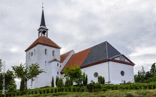 Nordborg Church with tower and Garden. In Sonderborg, Island Als, South Denmark.
