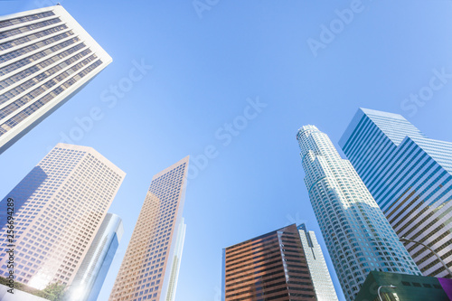 Low angle view on skyscrappers of Los Angeles downtown
