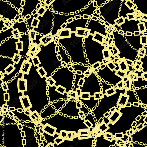 Seamless pattern with gold and silver chains on a black background.