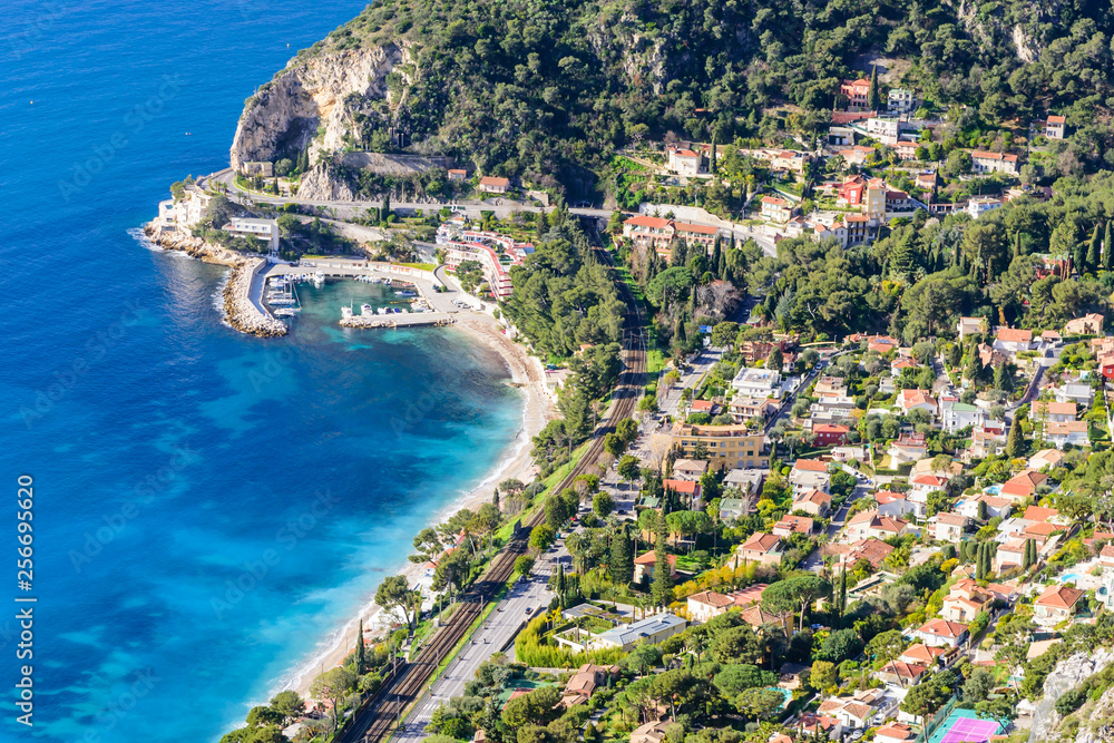 Beautiful aerial view of the coastline with blue water, Eze town, Cote d'azur, France