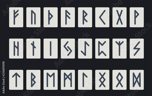 Set of ancient Norse runes. Runic alphabet, Futhark. Ancient occult symbols. Vector illustration. Old Germanic letters on a dark background