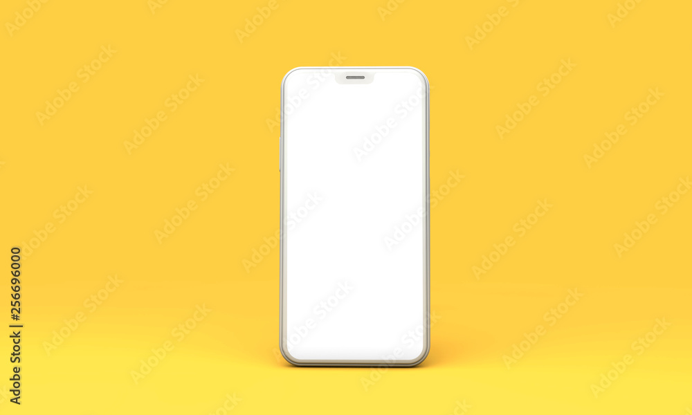 Smartphone mockup with blank white screen on a yellow background. 3D Render Smartphone mockup with blank white screen on a yellow background. 3D Render