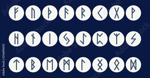 Set of ancient Norse runes. Runic alphabet, Futhark. Ancient occult symbols. Vector illustration. Old Germanic letters on a dark background