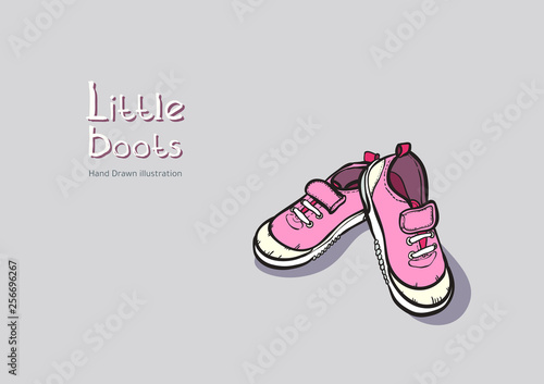 Children pink boots vector in hand drawn graphic for logo, poster, postcard, fashion booklet, flyer. Hand drawn illustration with shoes. Grunge sketch with sneakers. Fashion illustration of pink shoes