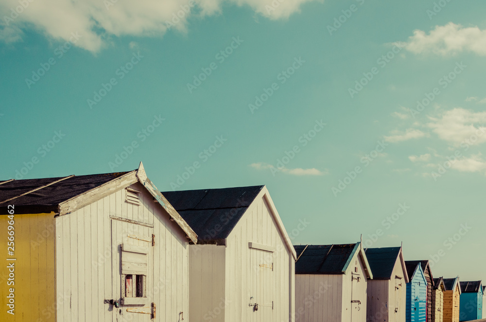 row of beach hut houses in Felixstowe, UK row of beach hut houses in Felixstowe, UK