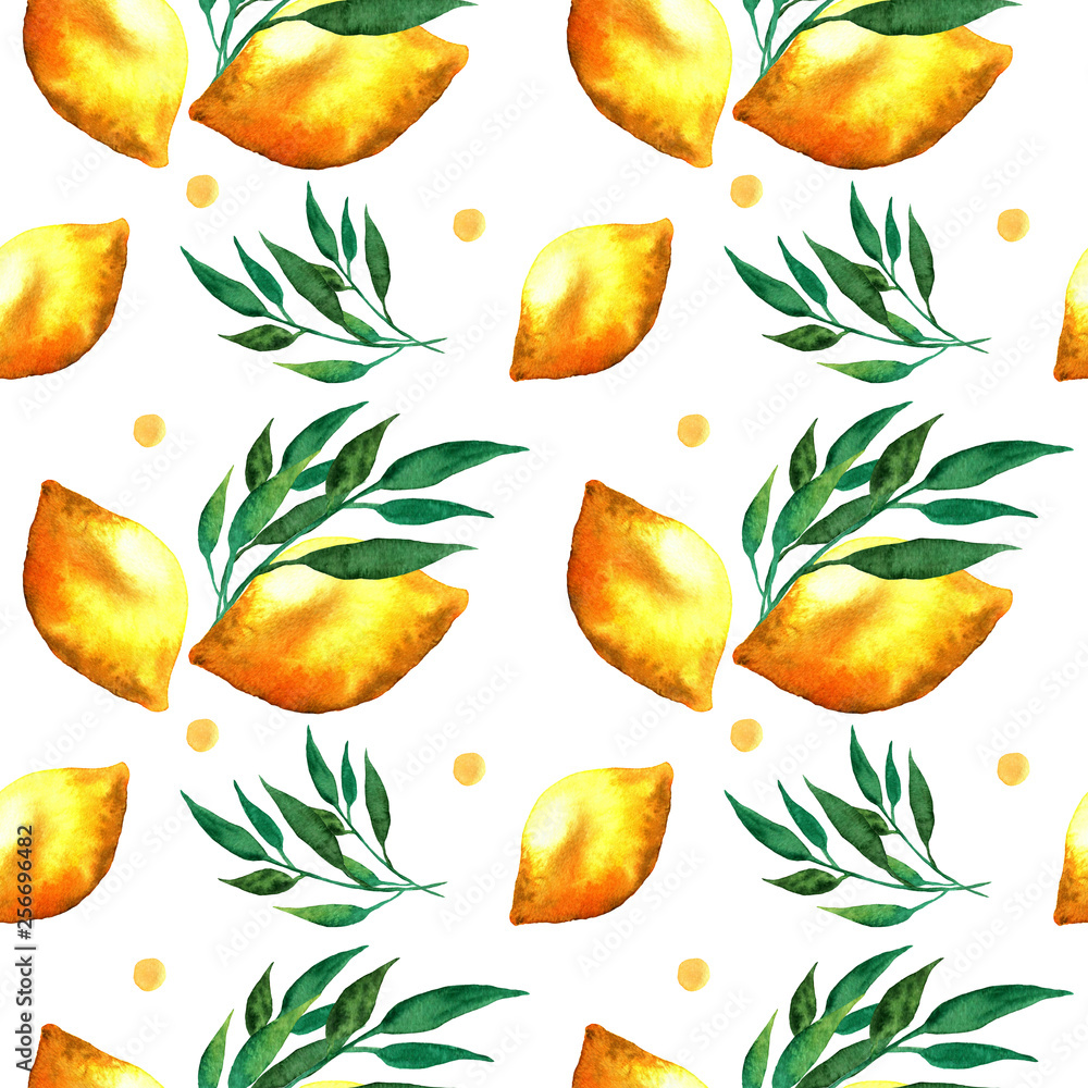 Watercolor seamless pattern with lemons and leaves. Lemons on a white background. Watercolour illustration. Watercolor seamless pattern with lemons and leaves. Lemons on a white background. Watercolour illustration.