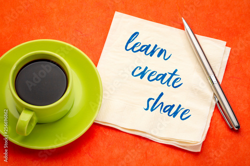 learn, create, share concept on a napkin