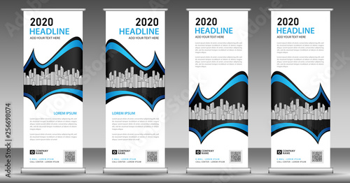 Blue roll up business banner design vertical template vector, pull up, web banner, display, stand layout, advertisement, presentation, abstract background