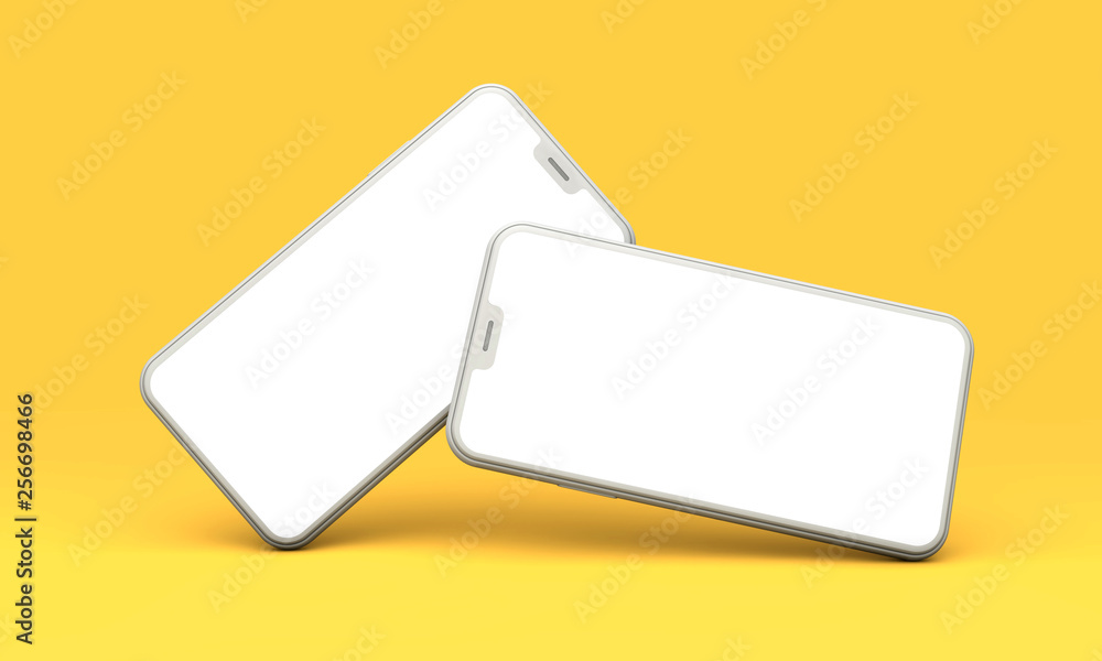 Smartphone mockup with blank white screen on a yellow background. 3D Render