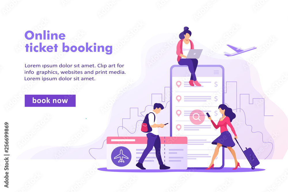 Flight tickets online booking concept. Buying ticket with smartphone. Vector illustration. Flight tickets online booking concept. Buying ticket with smartphone. Vector illustration.