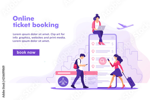 Flight tickets online booking concept. Buying ticket with smartphone. Vector illustration.	