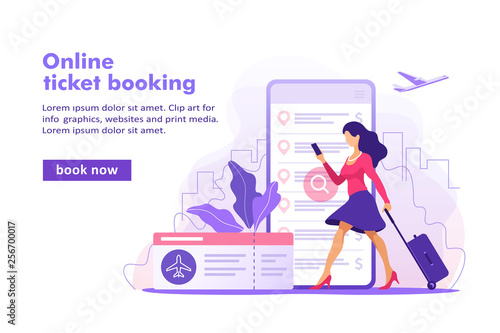 Flight tickets online booking concept. Buying ticket with smartphone. Vector illustration. 