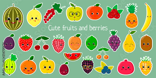 Kawaii cute vegetables and herbs, the faces of the characters of the mega-set of twenty-seven stickers in a white stroke. For your design. Cartoon, flat design, vector illustration
