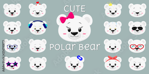 Cute polar bear, mega set of head of different emotions. Cartoon style, flat design, vector illustration