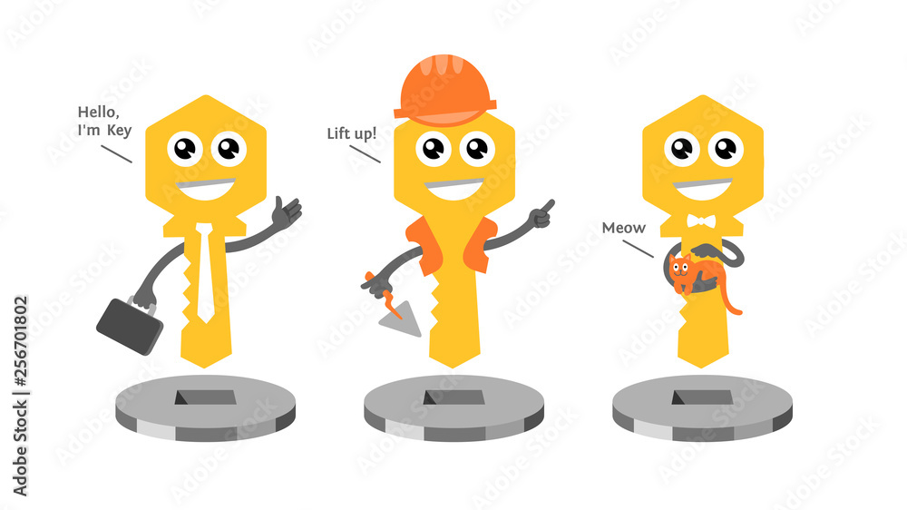 Cartoon illustration of cute fun yellow key personage for development ...