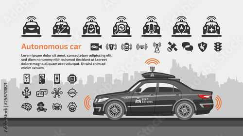 Self driving autonomous car vector illustration with icons and city background.