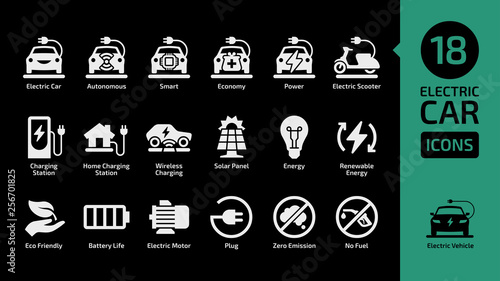 Electric car and scooter shape icon set on a black background with charging station, solar penel, renewable energy, eco friendly, battery life, zero emission, no fuel.