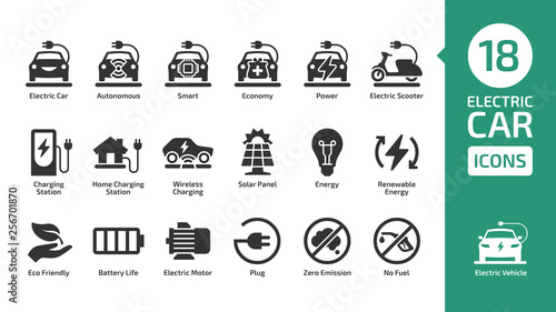 Electric car icon set with charger station, battery power and plug. Electricity vehicle shape pictogram collection.