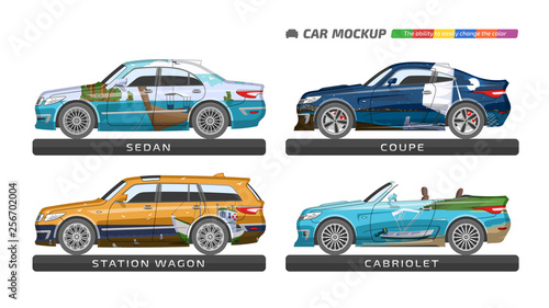 Car vector template with marine graffiti on board. Isolated sedan, station wagon, coupe and cabriolet mockup. Vehicle branding and advertising blank.