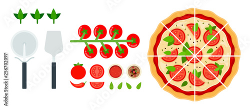 Sliced ​​Margarita pizza with tools and tomatoes flat icon vector isolated