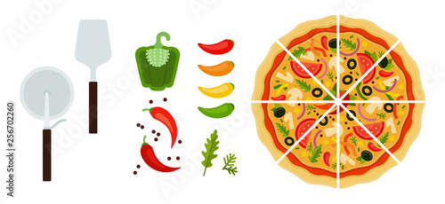 Sliced ​​Mexican pizza with tools and peppers flat icon vector isolated