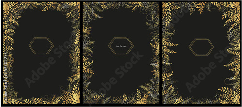 Set of vector greeting cards with place for text and golden plants.