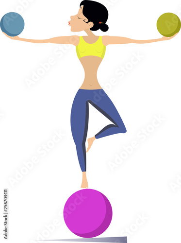 Woman with lithe figure does exercises with the balls vector illustration. Young woman standing on the ball and doing exercises with the balls in both hands isolated on white illustration
