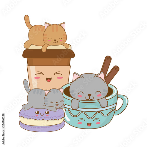 cute little cats with coffee drink kawaii characters