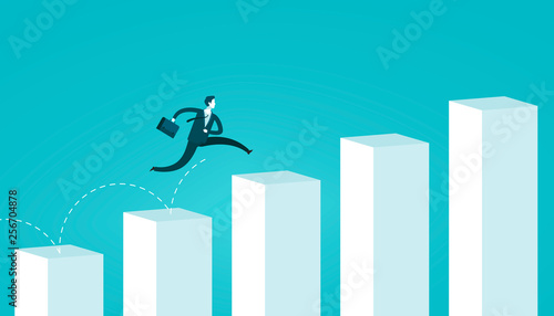 Businessman jumping on chart columns. Successful business concept. Infographics vector illustration