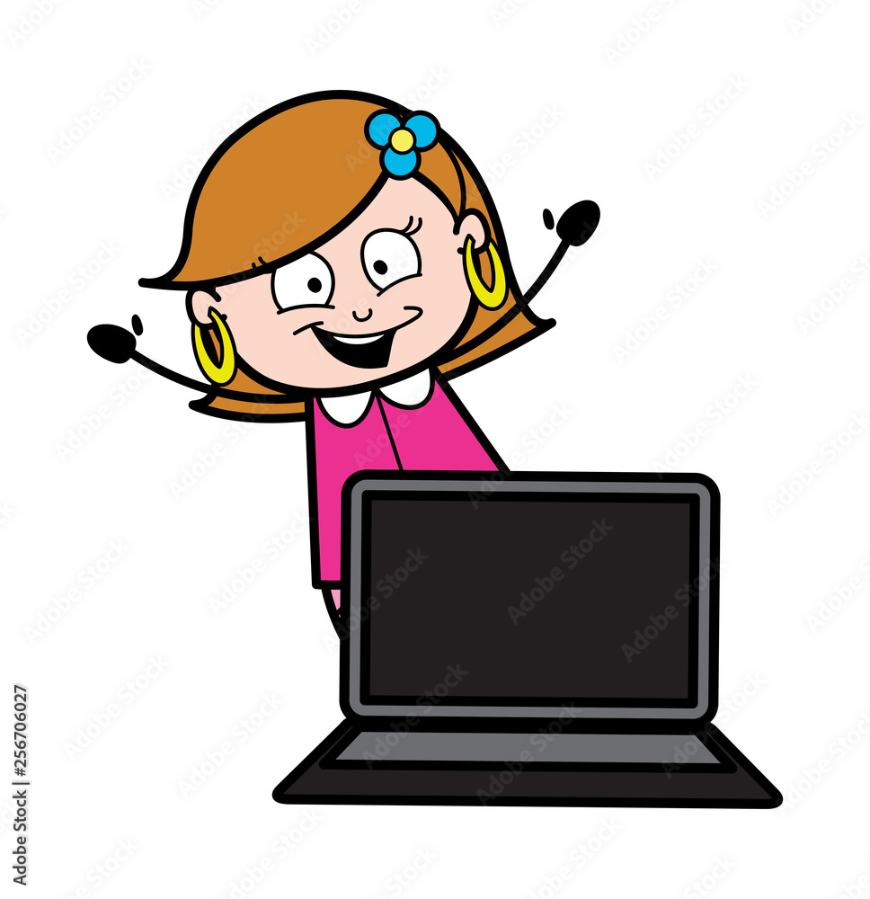 Cartoon Lady Presenting a Laptop Vector Cartoon Lady Presenting a Laptop Vector