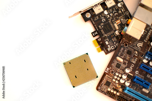processor and motherboard on a white background