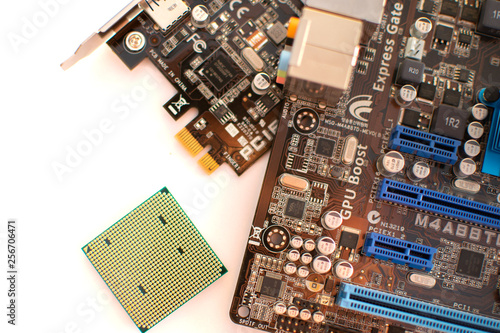 processor and motherboard on a white background