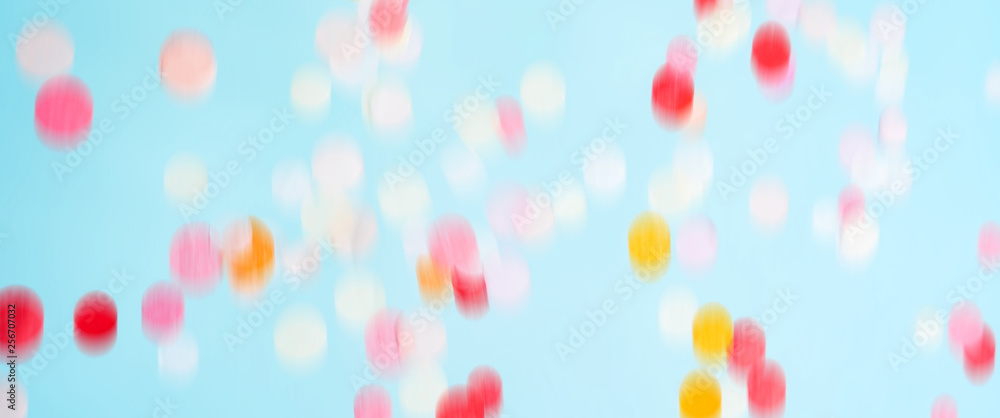 Flying moving bright confetti. Festive party mockup. Long wide banner with copy space.
