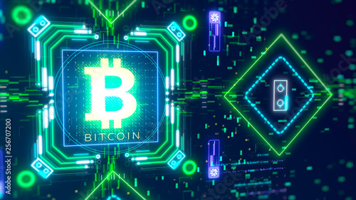 Bitcoin digital symbol close-up. Abstract hi-tech financial theme 3d render