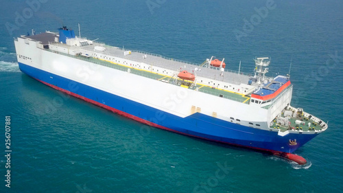 Aerial image of a Large RoRo (Roll on/off) Vehicle carrier vessel cruising the Mediterranean sea
