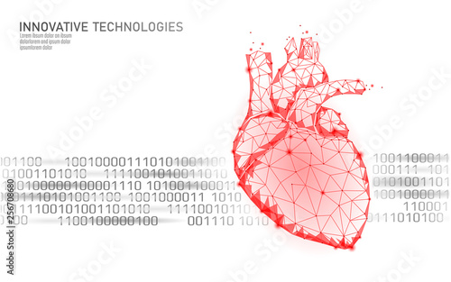Healthy human heart beats 3d medicine model low poly. Triangle connected dots glow point red background. Pulse internal body modern anatomical shape innovative technology render vector illustration