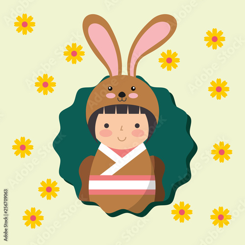 beautiful kokeshi doll in costume animal kimono