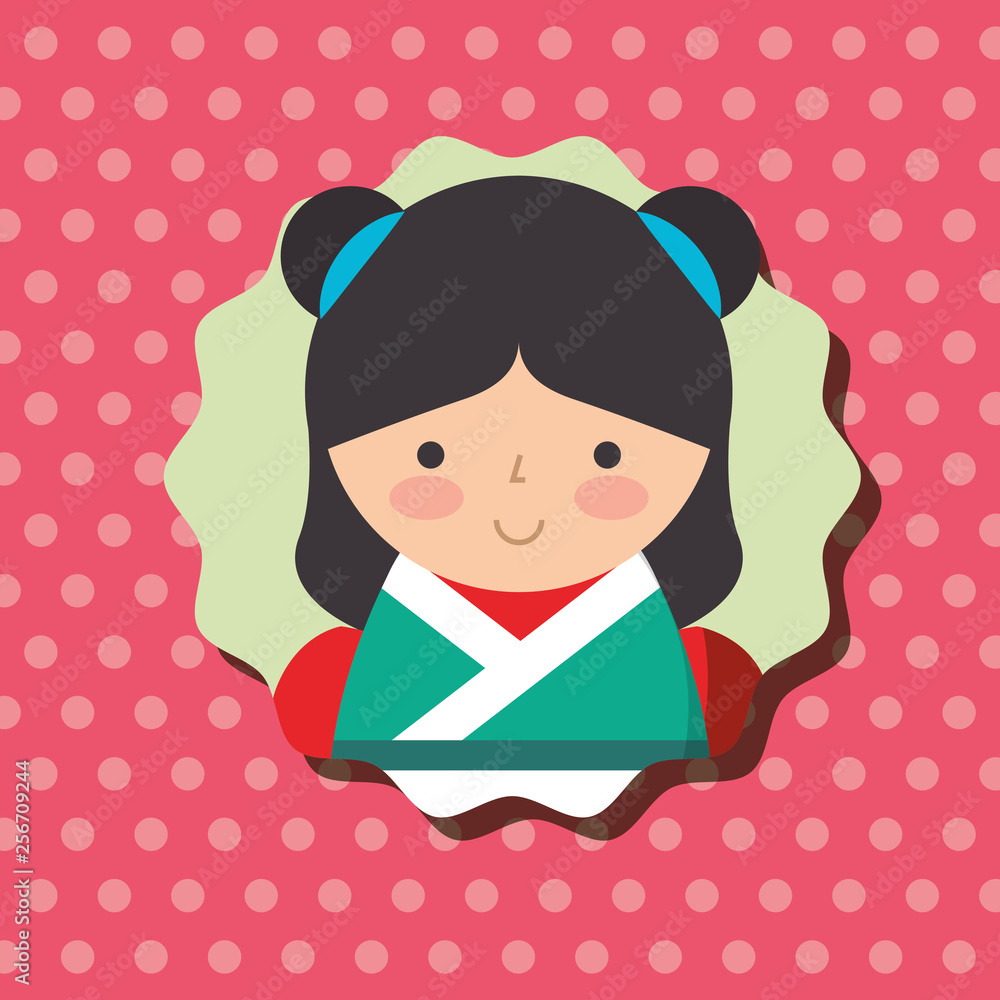 cute traditional japanese kokeshi doll in kimono dots background cute traditional japanese kokeshi doll in kimono dots background