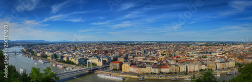 A panoramic view of the eastern half of Budapest  Pest  with the Danube river  a few bridges  and lots of boats and buildings