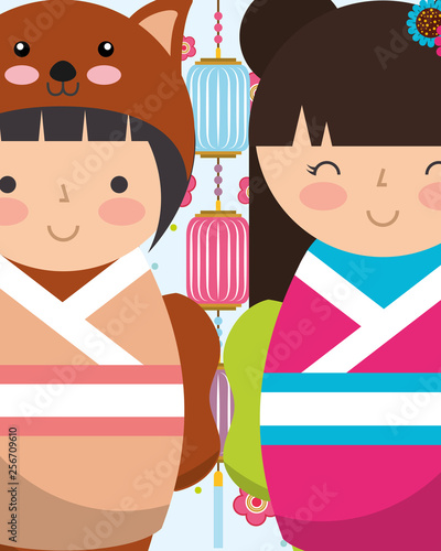 sweet japanese kokeshi dolls in kimono