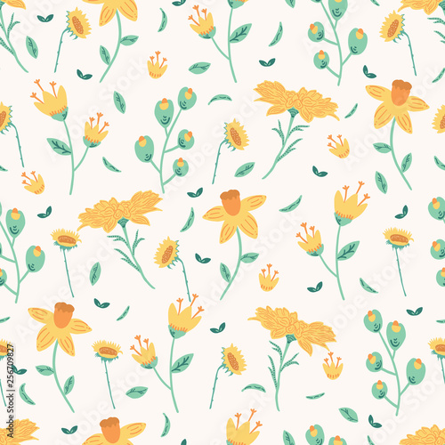 Hand drawn small scale floral vector seamless pattern. White background. Delicate yellow stylized stem bloom.  Painted pretty garden wildflower. Retro vintage foliage meadow. Home decor all over print