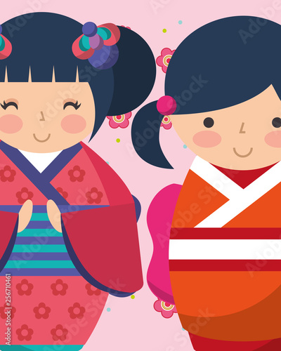 sweet japanese kokeshi dolls in kimono